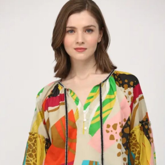 NWT Colorful Resort Blouse 100% Cotton Boho Vacation Top Size Medium - Picture 1 of 9